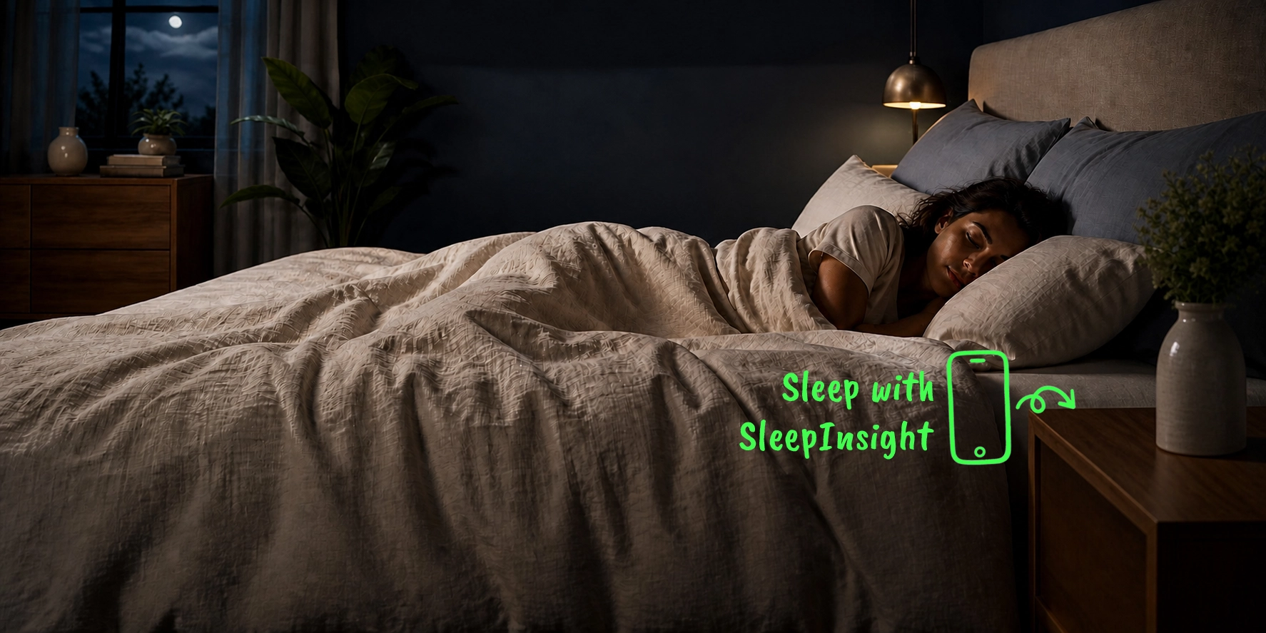 A person resting peacefully in a softly lit bedroom